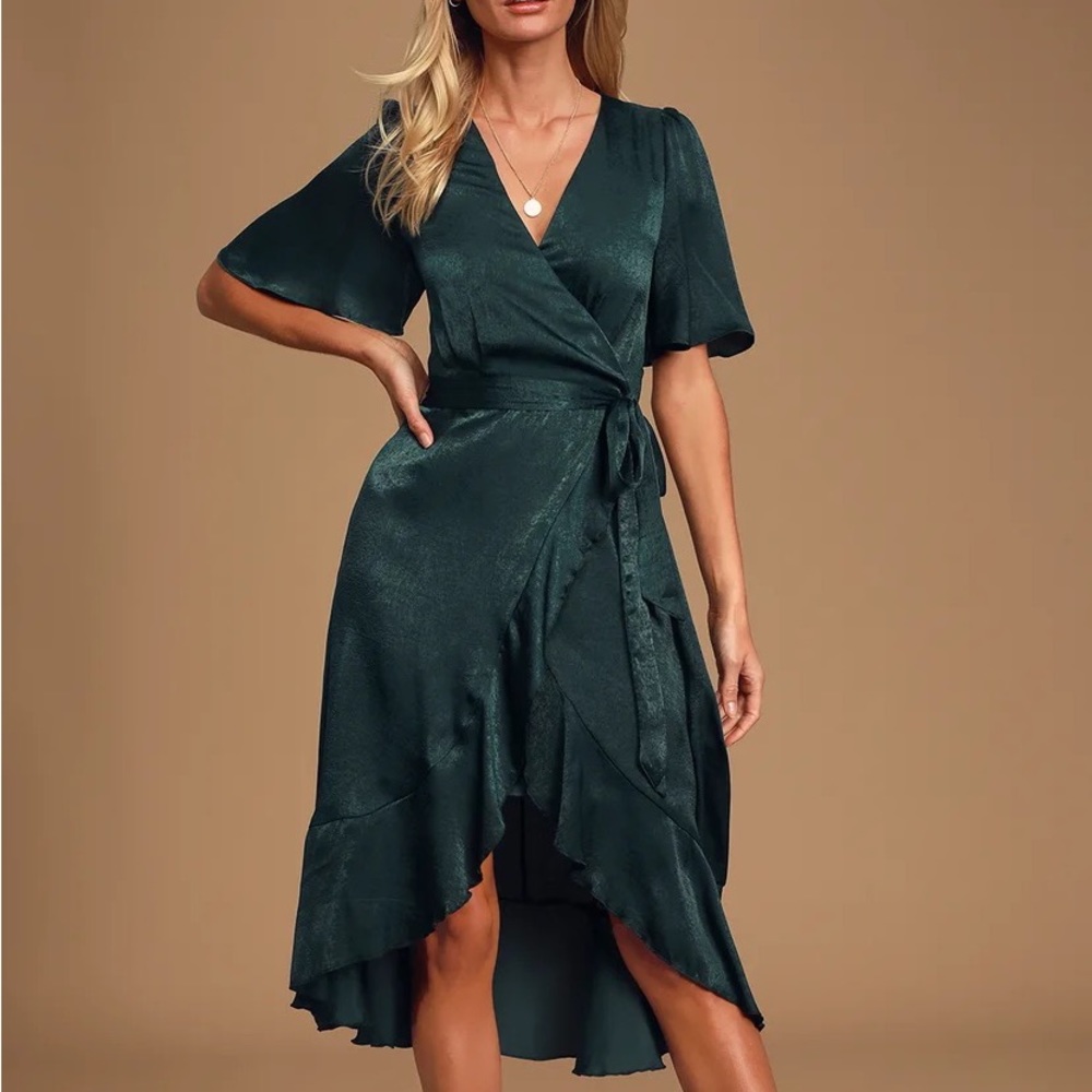 Lulu’s Wrapped Up In Love Dark Green Satin Faux-Wrap Midi Dress NWT